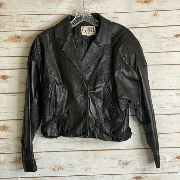 Vintage Jackets & Blazers - G-3 Vintage Black Leather Biker Jacket Women's Medium Cropped Double Breasted